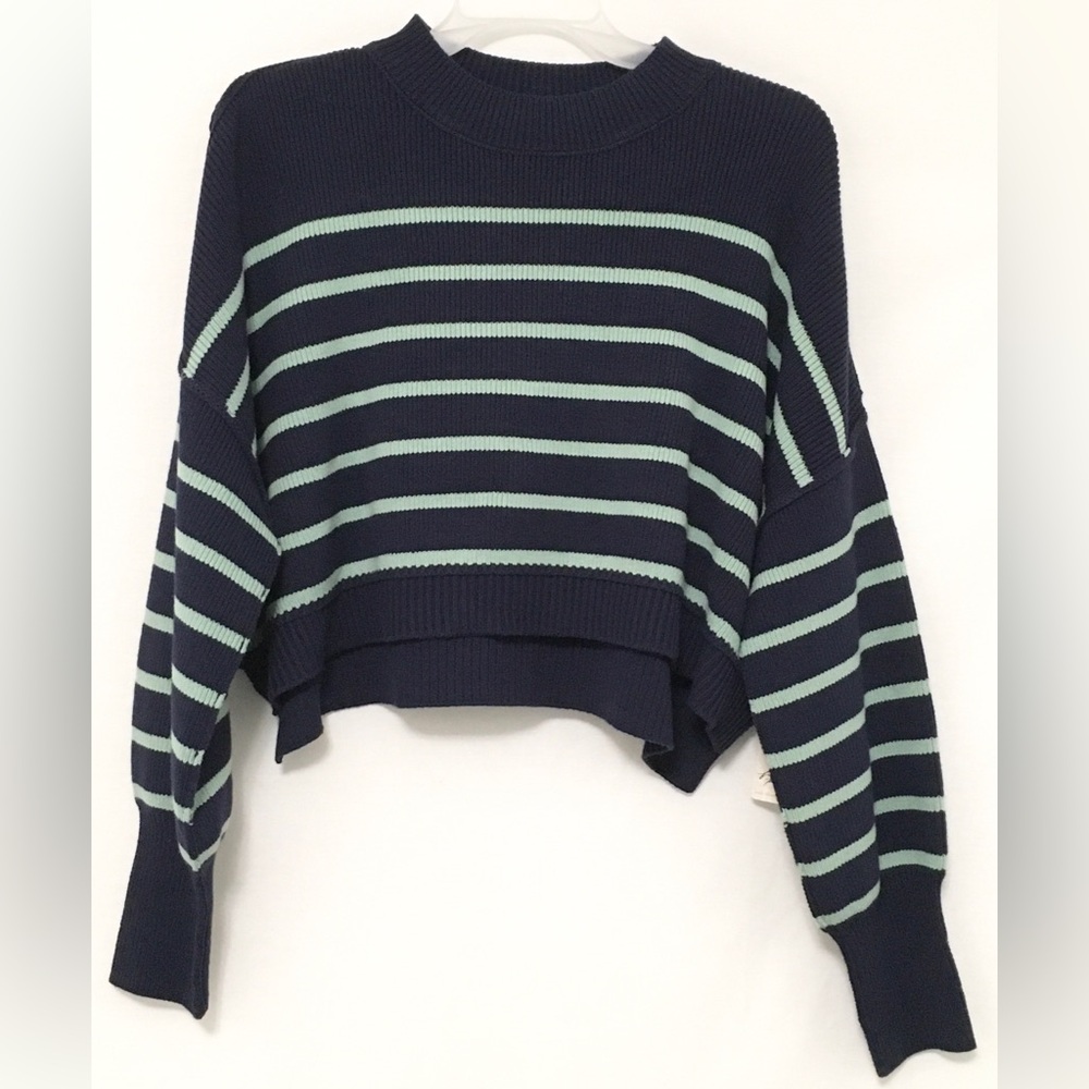 Free People Size L Navy Mint Striped Oversized Copped Dolman Sweater